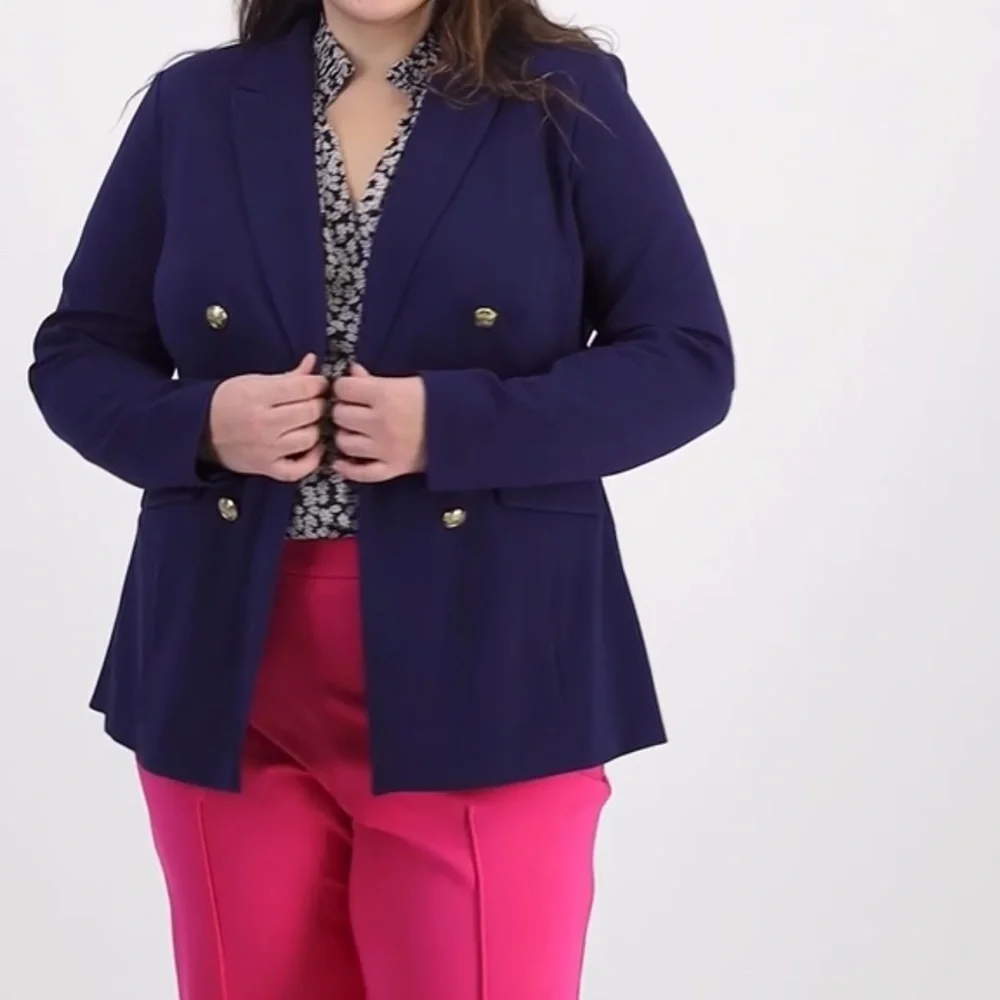 On 34th Faux Double Breasted Ponte Knit Blazer Navy Blue 1X - Picture 4 of 12